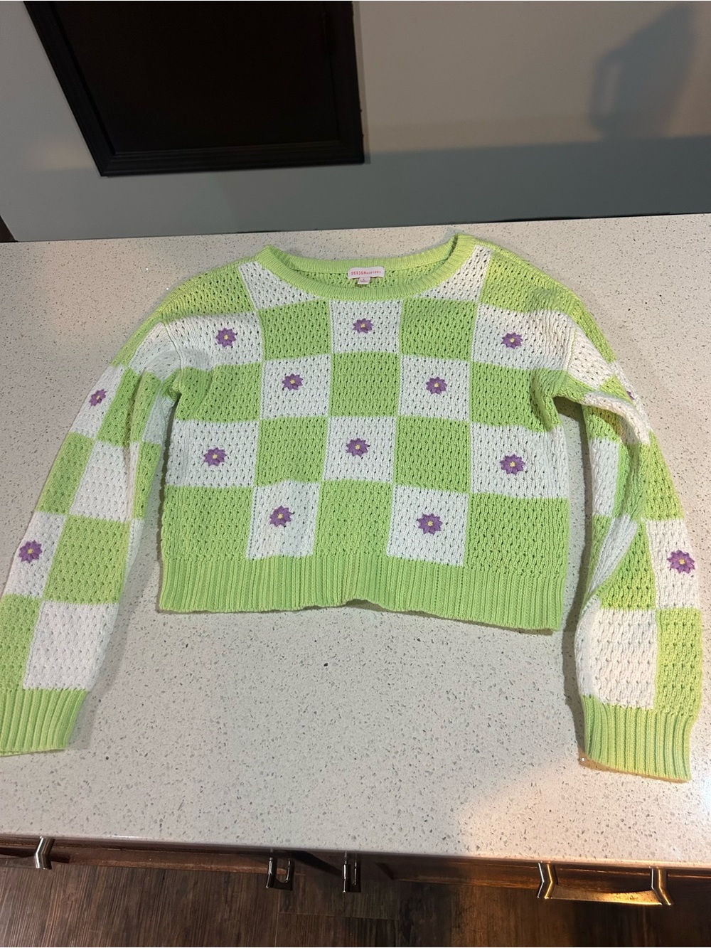 Lime Green & White Checkered Crochet Sweater with Purple Daisies